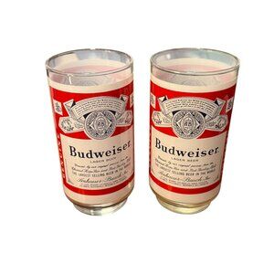 Budweiser Lager Beer Glass Tumblers Set Of 2 5.5" Collectible Barware Clear & Re